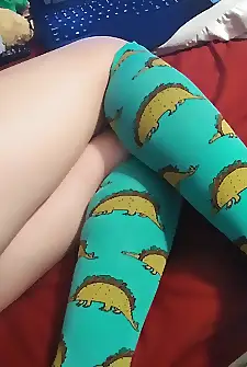 Showing off my new quirky Tacosaurus socks 3 f