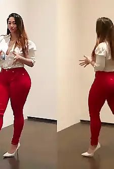 White shirt red jeans and a big booty Model